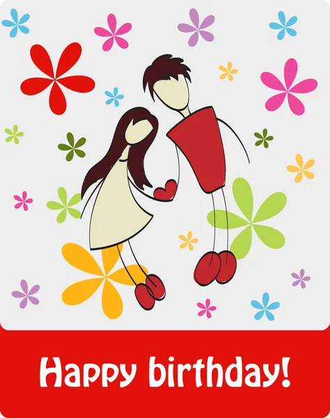 Happy birthday cute greeting card with lovers illustrati — Zdjęcie stockowe