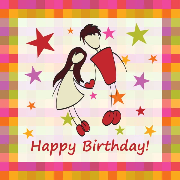 Happy birthday cute greeting card with lovers illustrati — Stock Photo, Image