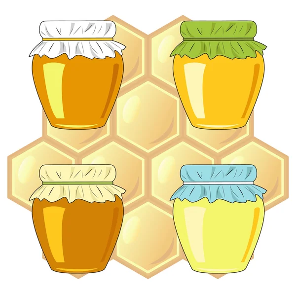 Bee's honeycomb and jars of honey illustration — Stock Photo, Image