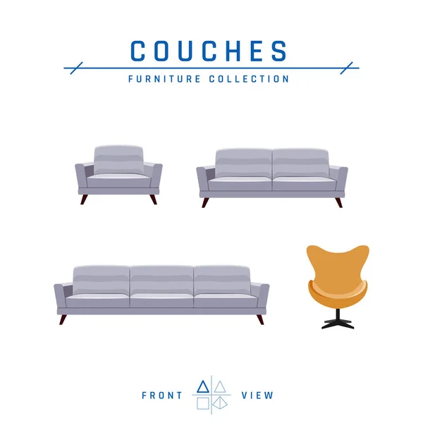 Couches and armchair in flat style, vector — Stock Vector