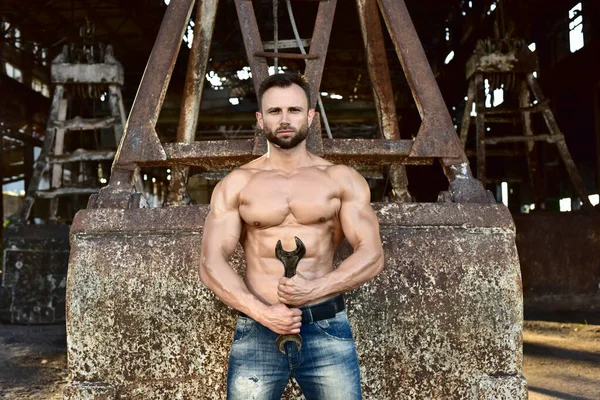 Athletic Man Beard Naked Torso Jeans Holding Wrench — Stock Fotó