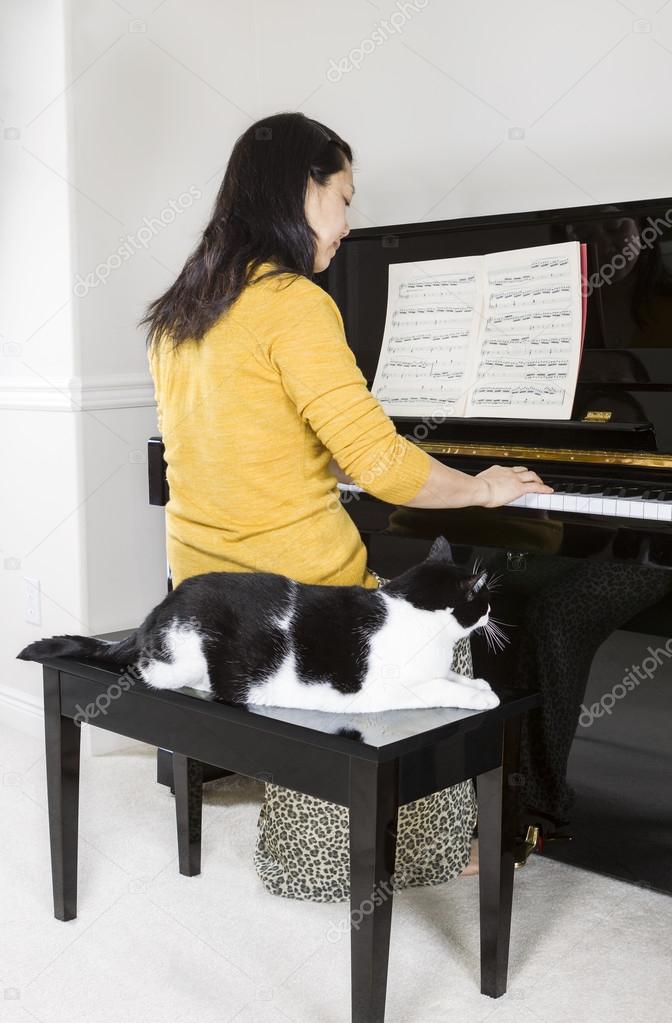 Mature woman playing piano with her family Cat by her side