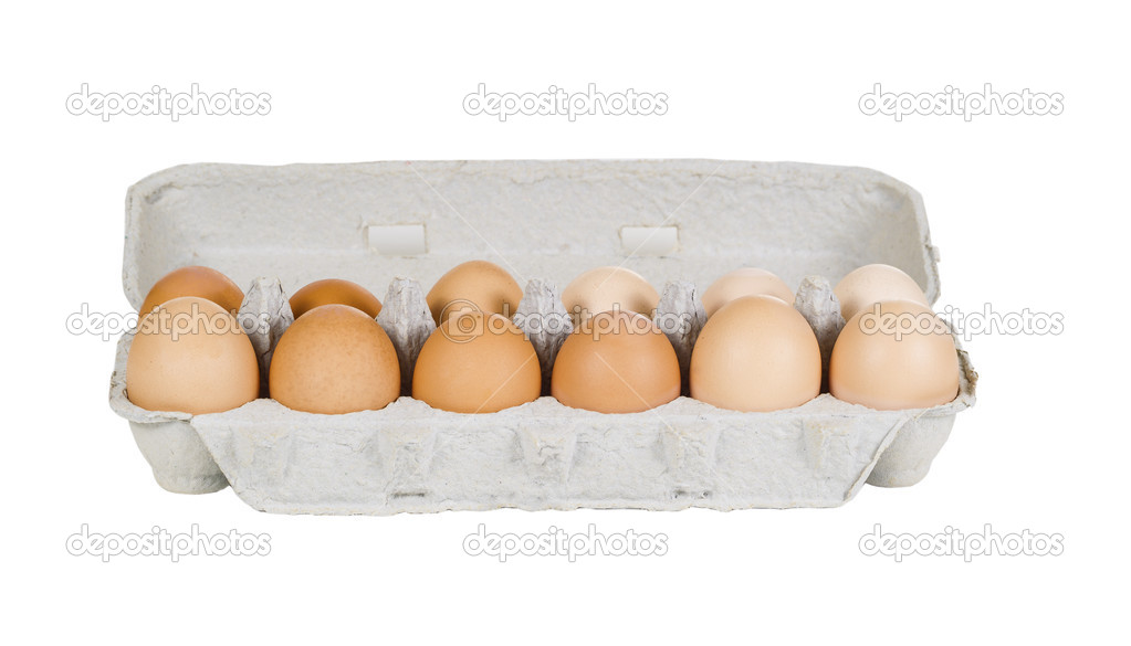 One Dozen Fresh Eggs in Carton on White