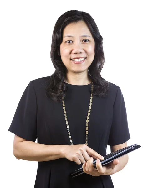 Mature Asian Woman in Business attire with open folder on White — Stock Photo, Image