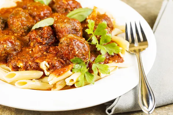 Fresh Meatballs with Pasta in white dish — Stock Photo, Image