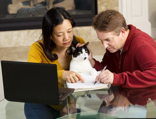 Mature Couple and family pet working from Home — Stock Photo, Image