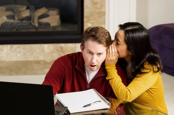 Mature Man shocked from word of woman coworker while working fro — Stock Photo, Image