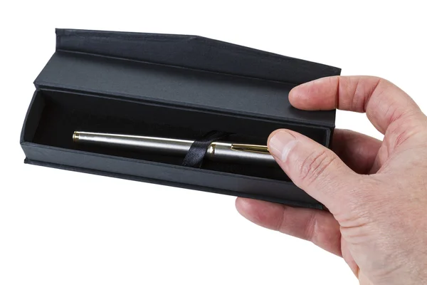 Male Handing holding Open Pen Case with Pen Inside on White Back — Stock Photo, Image