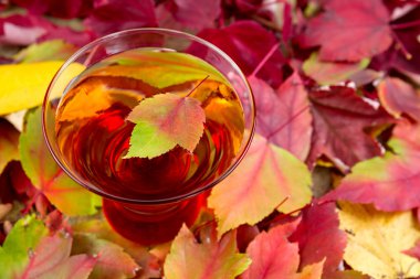 bardak köpüklü elma suyu ile sonbahar yaprakları