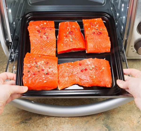 Colocação de salmão no forno para assar — Fotografia de Stock