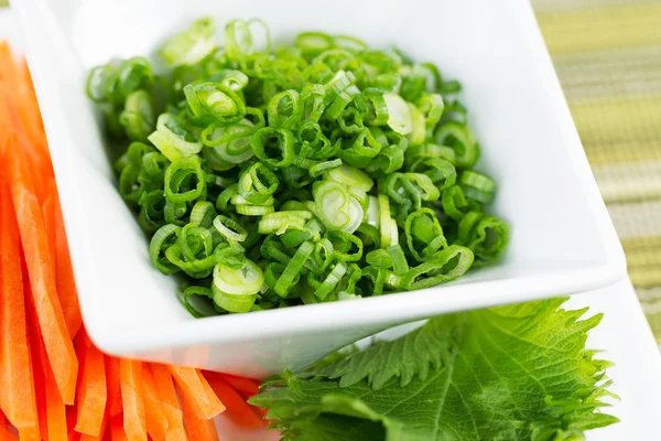 Fresh Green Onions and Sliced Carrots — Stock Photo, Image