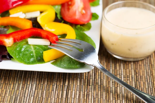 Fresh Salad and Dressing with Fork — Stock Photo, Image