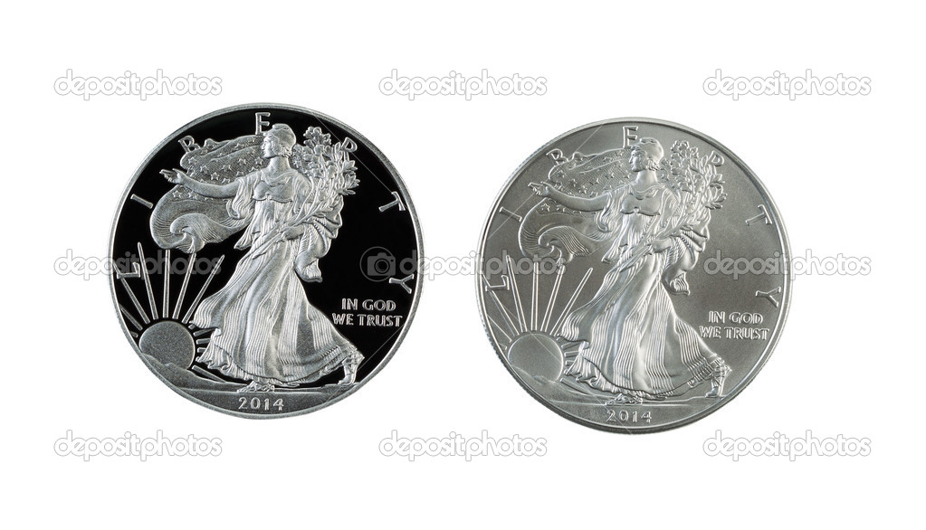 Proof and Uncirculated American Silver Eagle Dollar Coins isolat