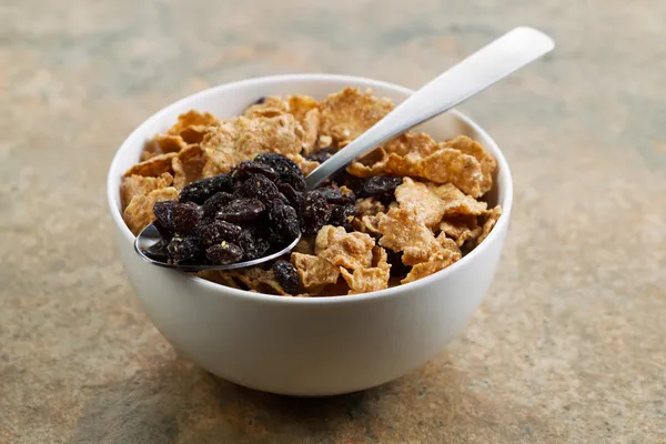 Céréales et raisins secs dans un bol blanc — Photo