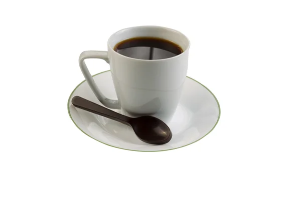 Svart kaffe med mörk choklad sked på vit bakgrund — Stockfoto