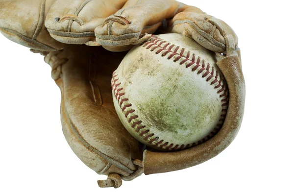 旧棒球和戴的手套上白色孤立 — 图库照片
