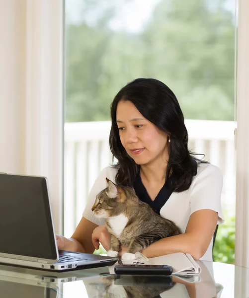 Mogen kvinna avkopplande med hennes katt medan du arbetar hemma — Stockfoto