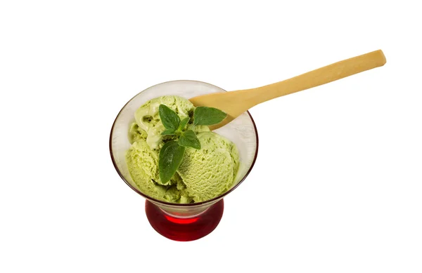 Fresh Green Tea Ice Cream with Mint Leaf isolated on White — Stock Photo, Image