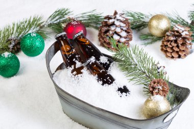 Şişe birası mevsimlik holid sırasında içmek hazır closeup