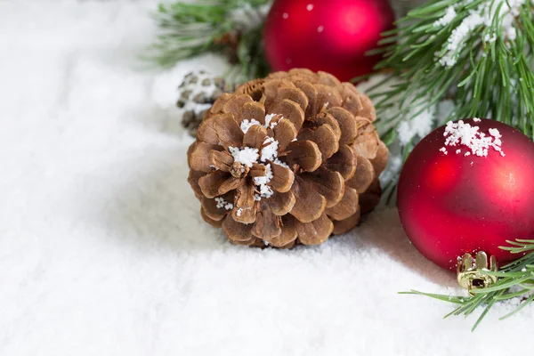 Closeup of a Pine Cone on Snow with Pine Tree Branch and Ornamen — Stock Photo, Image