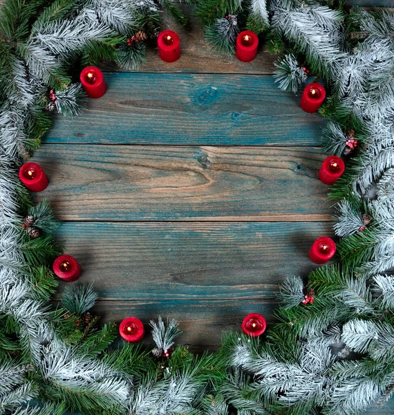 Overhead View Snow Covered Wreath Red Burning Candles Circle Border — Stock Photo, Image