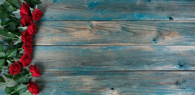 Sevgililer Günü tatili arka planında soluk mavi tahta üzerinde güzel kırmızı güller 