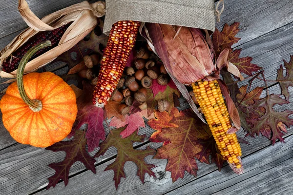将装有干叶 南瓜和橡果的麻袋放在乡村木片上 作为秋季作曲的背景 — 图库照片