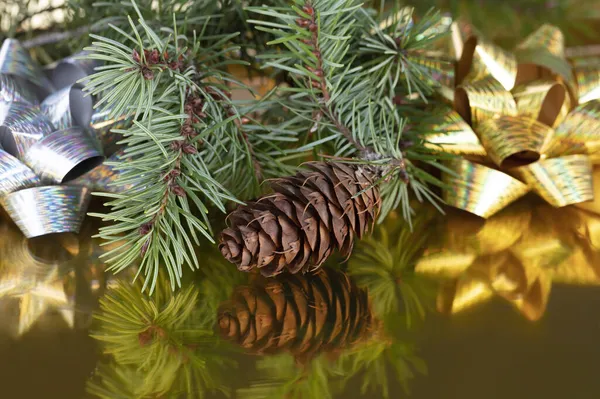 Close Single Pine Cone Fir Branches Bows Gold Background Merry — Stock Photo, Image