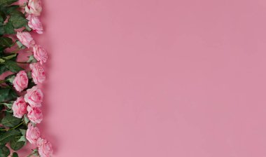 Açık pembe gül çiçeklerinin üst görüntüsü, mutlu anneler veya Sevgililer Günü konsepti için yumuşak pembe arka planda sol sınırı oluşturur.