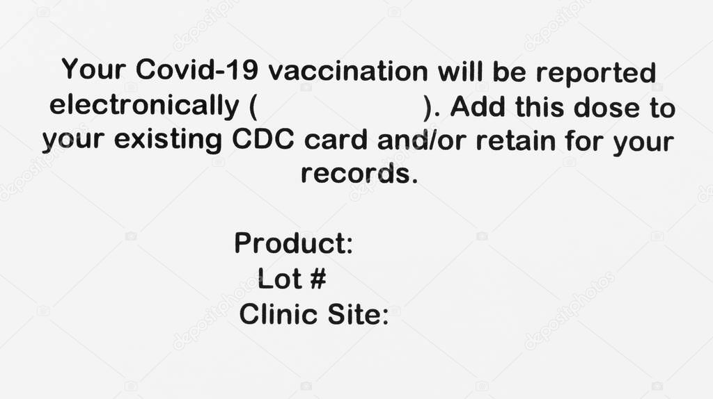 Blank supplemental Covid 19 vaccination record card for booster or additional shots 