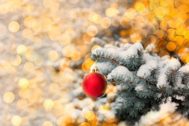 Christmas and new year holiday concept. Red ball ornament on fir branch with fresh winter snow and bokeh gold lights in background.  