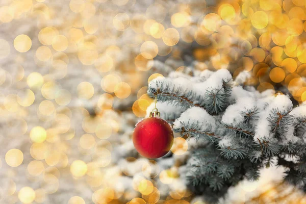 Weihnachts Und Neujahrsferien Konzept Roter Ballschmuck Auf Tannenzweig Mit Frischem — Stockfoto