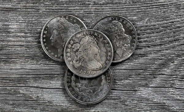 Old Silver Dollars Minted United States Rustic Wood — Stock Photo, Image