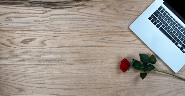 美しい赤のバラと仕事や学校でバレンタインデープレゼントのためのラップトップコンピュータを備えたオークウッドオフィスデスクテーブル — ストック写真