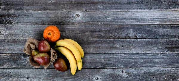 Top View Ripe Fruit Consisting Pears Bananas Orange Old Wood — Stock Photo, Image