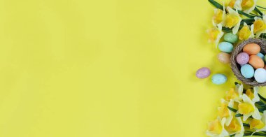 Mutlu Paskalya tatili konsepti için parlak sarı bir zemin üzerinde nergis çiçekleri, yuva ve renkli yumurtaların sağ kenarı.  