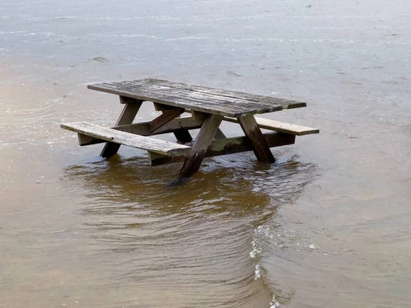 Old Wooden Picnic Table Middle Flooded Area Storm — Stock Photo, Image