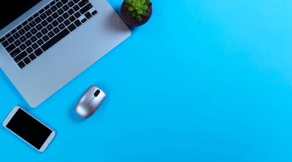 Μπλε Γραφείο Τραπέζι Φορητό Υπολογιστή Φυτό Smartphone Και Ποντίκι Κάτοψη — Φωτογραφία Αρχείου