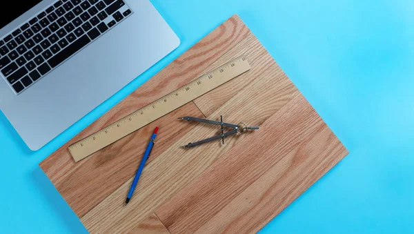 Blauw Bureaublad Met Architectenontwerper Tools Bestaande Uit Liniaal Mechanisch Potlood — Stockfoto