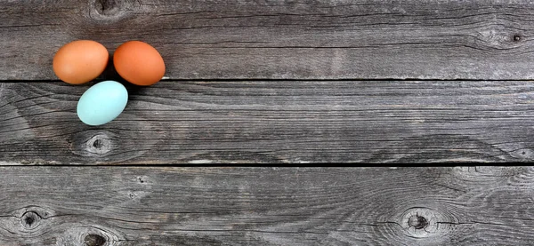 Three Chicken Eggs Lying Rustic Wooden Table —  Fotos de Stock