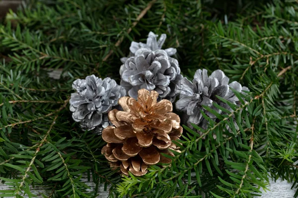 Close Gold Color Pine Cone Silver Pinecones Ornaments Background Real — Φωτογραφία Αρχείου