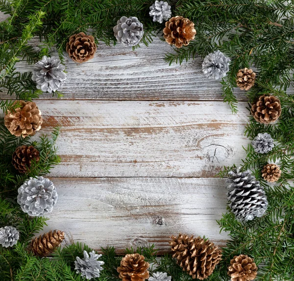 Real Fir Wreath Gold Silver Pine Cone Ornaments White Rustic — Stock Photo, Image