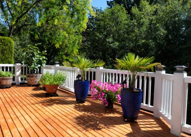 Home garden on outdoor wood cedar deck during summer time 