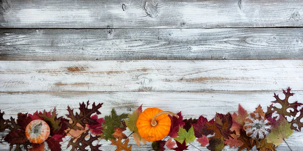 Jesień Lub Jesień Liść Tło Dyni Białym Rustykalnym Drewnie Sezon — Zdjęcie stockowe