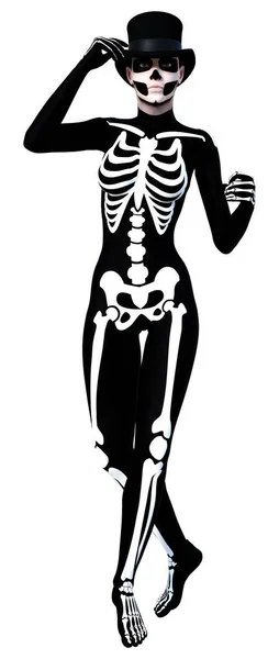 Rendering Einer Jungen Frau Einem Skelettkostüm Für Eine Halloween Party — Stockfoto