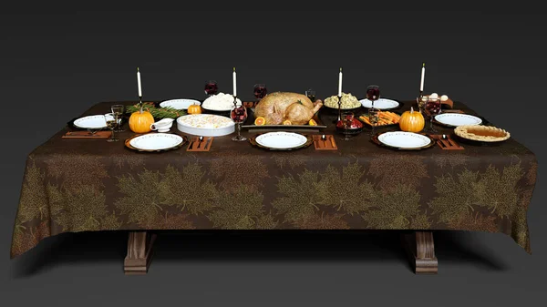 3D rendering of a traditional Thanksgiving feast, black background