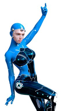 Beyaz arka planda izole edilmiş bir kadın robotun 3 boyutlu canlandırması