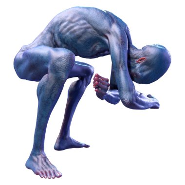 Beyaz arka planda izole edilmiş mavi erkek bir uzaylının 3 boyutlu görüntüsü