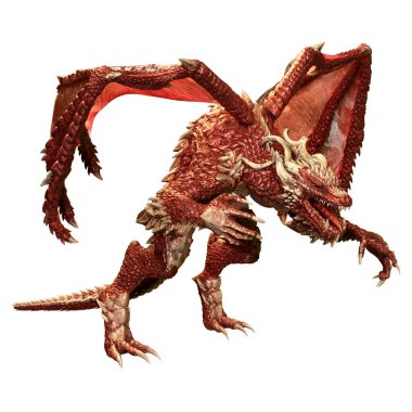 Beyaz arka planda izole edilmiş bir fantezi ejderhanın 3 boyutlu canlandırması