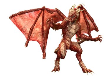 Beyaz arka planda izole edilmiş bir fantezi ejderhanın 3 boyutlu canlandırması